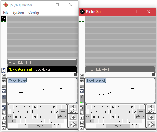 Pictochat running in a DS emulator alongside a Pictochat Clone I'm writing for Windows