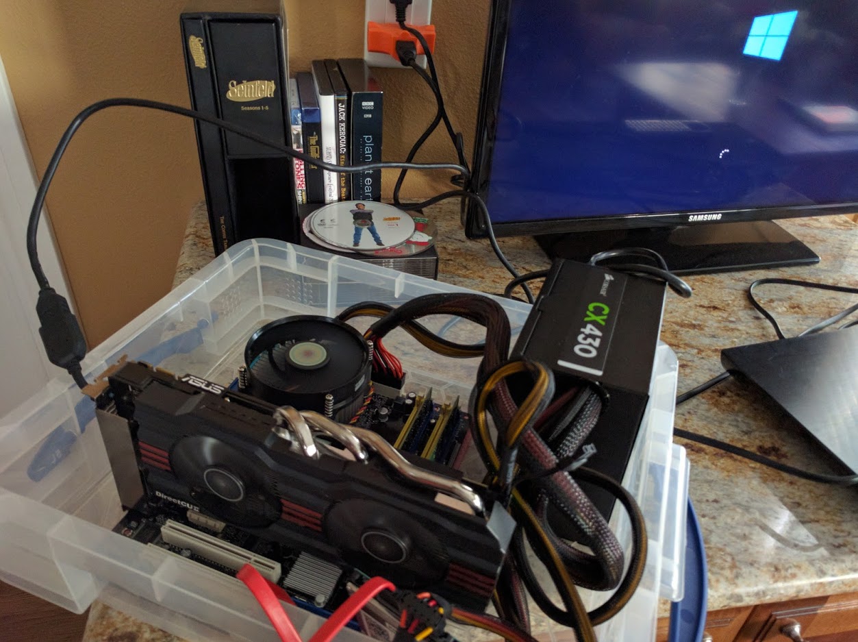 The Work-In-Progress computer I built out of tupperware on spare parts